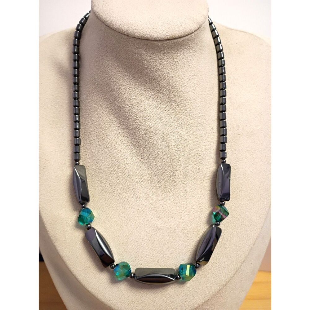 Black Hematite Beaded Necklace featuring Various Bead sizes & Shape Aqua Accents